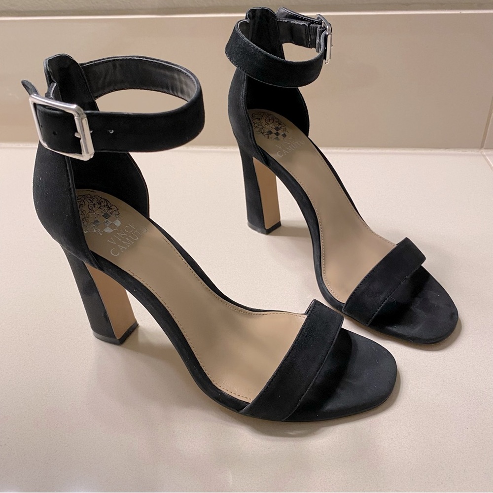 Vince Camuto black suede ankle strap formal heels